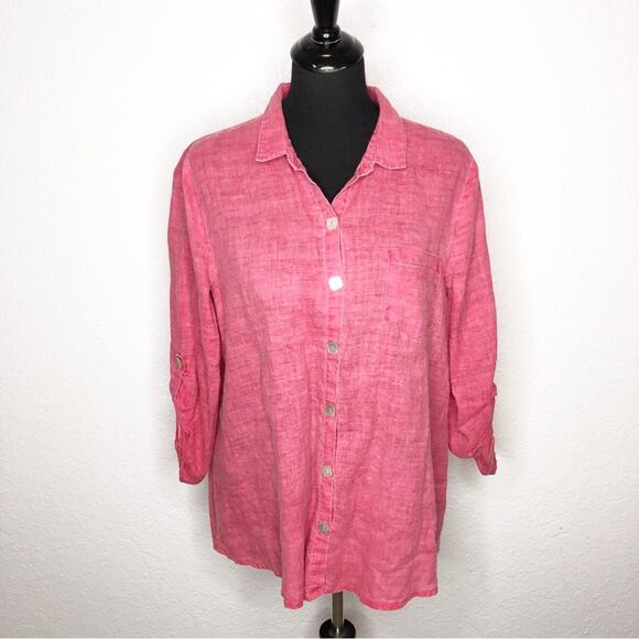 Habitat red pink lagenlook linen button down tunic top size Large - Picture 1 of 14